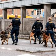 Poliser med hundar på plats vid Skånes universitetssjukhus i Lund. 