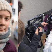 Greta Thunberg när hon anlände till Davos. 