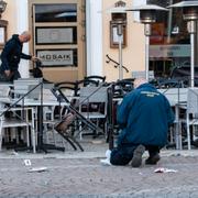 Polisens kriminaltekniker och vapenhund arbetar utanför en restaurang/nattklubb på Stortorget på lördagsmorgonen.