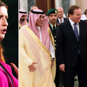 Till vänster: Birgitta Ohlsson (L). Till höger: Löfven i sällskap med handels- och investeringsminister al-Qassabi och Riyadhs guvernör Faisal bin Bandar Al Saud.