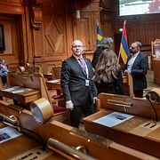 SD:s Björn Söder med flera på plats i riksdagens förstakammarsal, våren 2026.