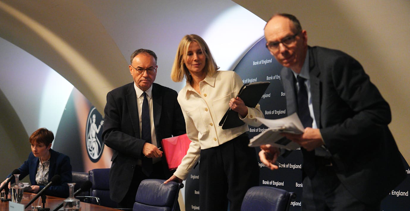 Bank of England-chefen Andrew Bailey med vicechefen Clare Lombardelli och BOE-topparna Katie Martin och Dave Ramsden vid februarimötet.