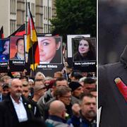 Den högerextrema demonstrationen/En maskerad motdemonstrant. 