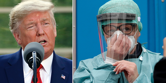 Donald Trump och en sjukvårdare vid sjukhuset i Brescia i norra Italien. TT