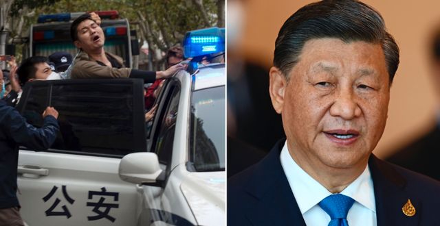 Demonstrant först bort av polis i Shanghai 27 nov. President Xi Jinping. AP/TT
