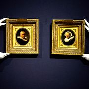 Rembrandts porträtt av Jan Willemsz van der Pluym och Jaapgen Carels. Illustrationsbild.