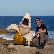 Illustrationsbild, Australien. En man poserar vid skulpturer på en konstutställning vid Bondi Beach i Sydney.