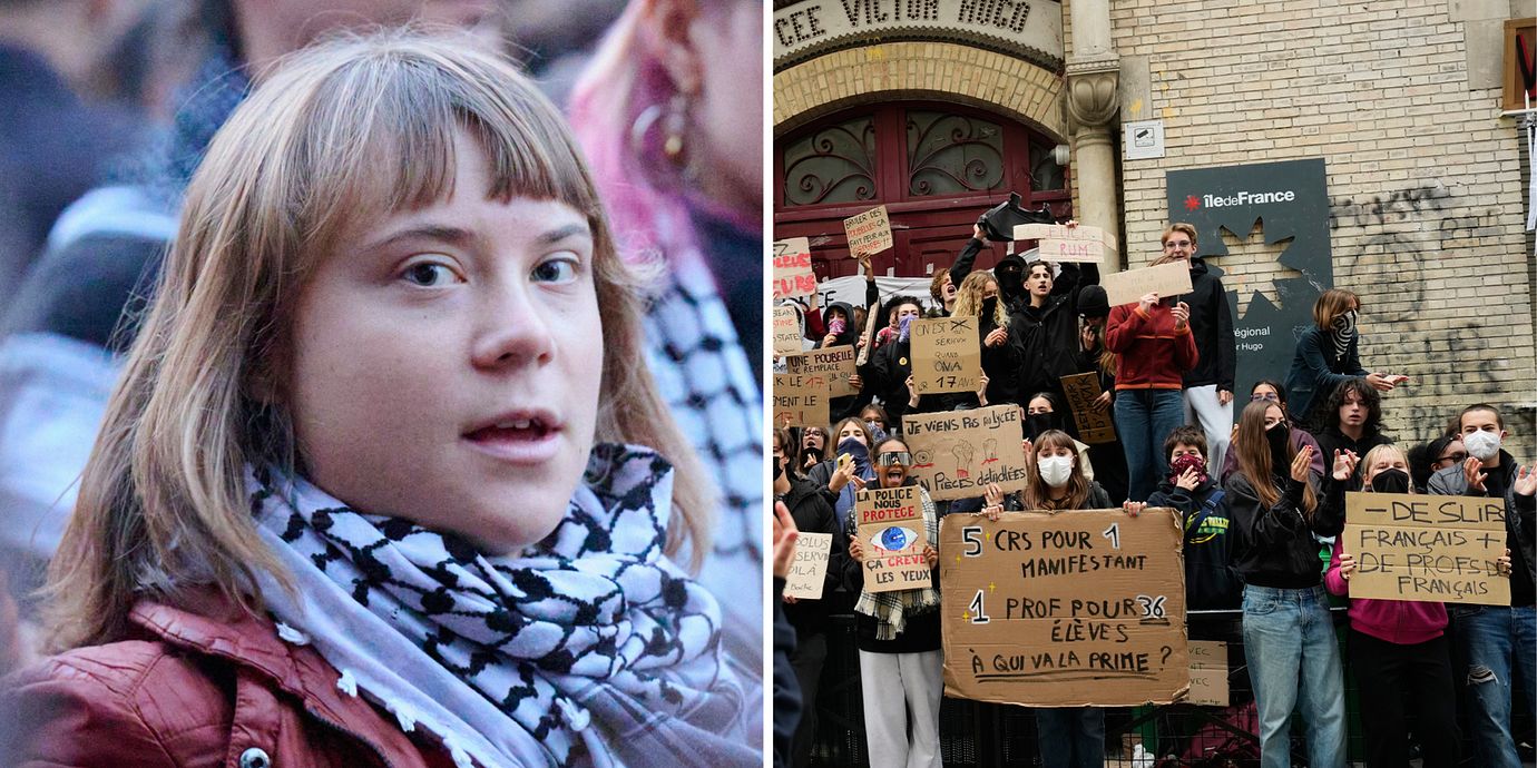 Till vänster: Greta Thunberg under en demonstration I Berlin förra veckan. Till höger: Elever protesterar i Paris förra veckan.