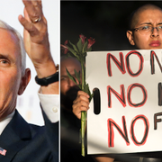 Vänster: Vicepresident Mike Pence. Till höger: En kvinna i Harrisonburg i Virginia protesterar mot den våldsamma högerextrema demonstrationen i Charlottesville.