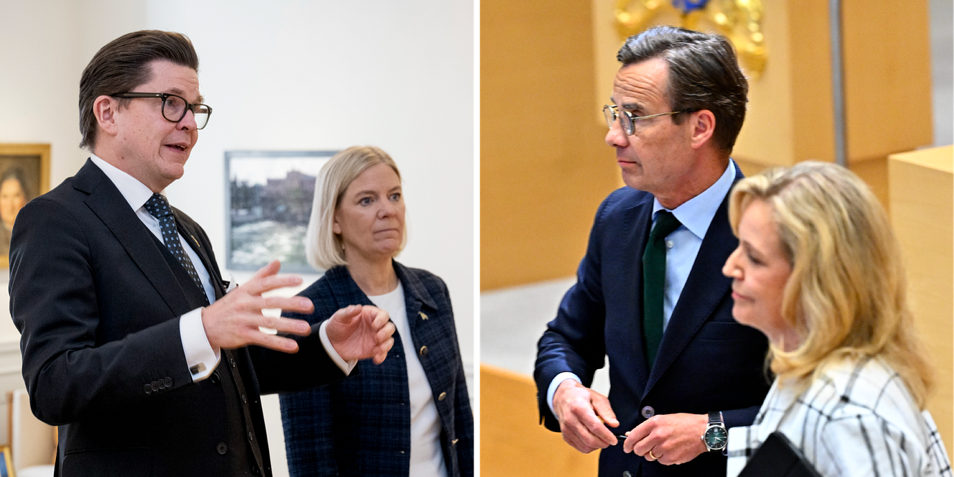 Talmannen Andreas Norlén, S-ledaren Magdalena Andersson, M-ledaren Ulf Kristersson och C-ledaren Elisabeth Thand Ringqvist.