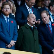 Prinsarna Harry, Philip och William vid Rugby World Cup i London 2015/Arkivbild