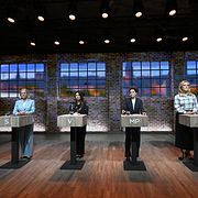 Socialdemokraternas partiledare Magdalena Andersson, Vänsterpartiets partiledare Nooshi Dadgostar, Miljöpartiets språkrör Amanda Lind och Centerpartiets partiledare Elisabeth Thand Ringqvist.
