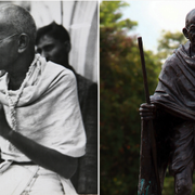 Mahatma Gandhi och statyn av honom i Ghanas huvudstad Accra.