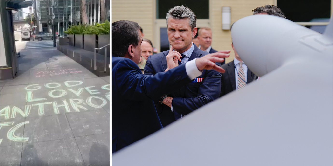 Klotter på gatan utanför Anthropics huvudkontor i San Francisco som hyllar företagets hållning gentemot Pentagon. Till höger USA:s försvarminister Pete Hegseth.