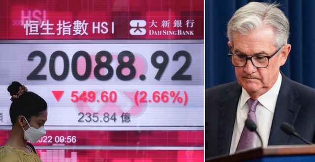 Arkivbilder. Kvinna går förbi röda börskurser i Hongkong, Fed-chefen Powell. TT
