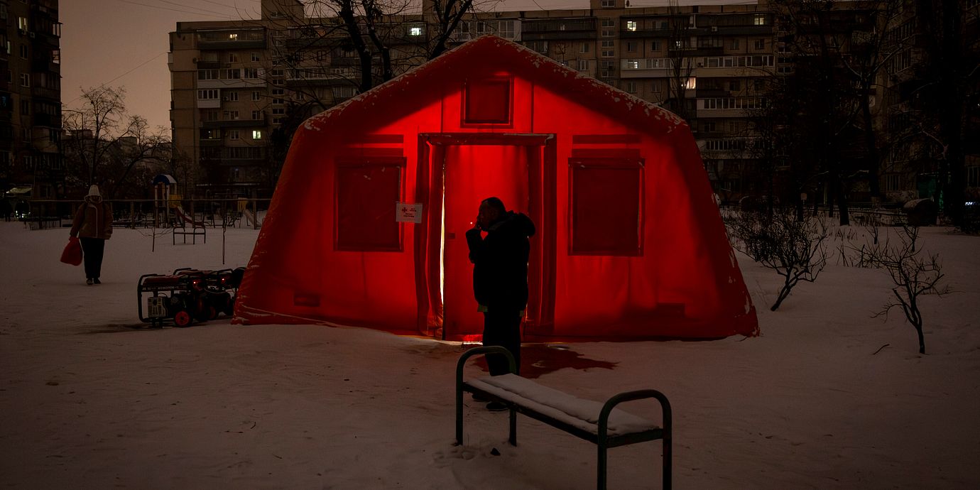 Arkivbild av ett nödtält i Ukrainas huvudstad Kyjiv i januari.