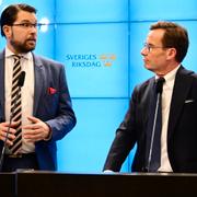 Moderaternas partiledare Ulf Kristersson (M) och Sverigedemokraternas partiledare Jimmie Åkesson (SD), arkivbild.