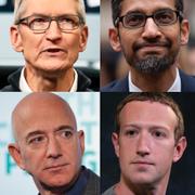 Bild från big tobacco-utfrågningen till vänster och Cook, Pichai, Bezos och Zuckerberg till höger. 