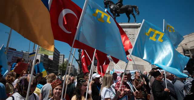 Ukrainare, turkar och krymtatarer i Ankara protesterar mot den ryska invasionen. Burhan Ozbilici / AP