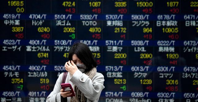 Person med munskydd framför en elektronisk tavla som visar Nikkei 225-index i Tokyo på torsdagen.  Eugene Hoshiko / AP