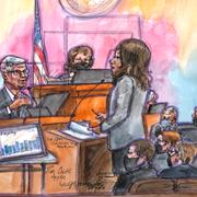 This courtroom sketch shows Apple CEO Tim Cook being questioned by Apple attorney Veronica Moye, right, during a trial in U.S. District Court in San Ramon, Calif., on Friday, May 21, 2021.