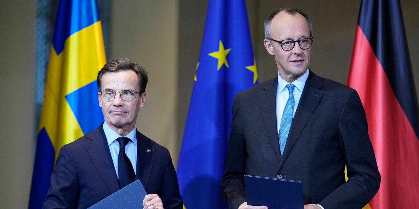 Statsminister Ulf Kristersson och Tysklands förbundskansler Friedrich Merz.