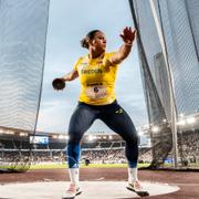 Vanessa Kamga i damernas diskus under fredagens tävlingar i Finnkampen på Olympiastadion i Helsingfors. 