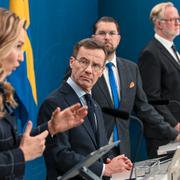 Ulf Kristersson (M),Ebba Busch (KD) Johan Pehrson  och Jimmie Åkesson (SD) under pressträff i våras. 