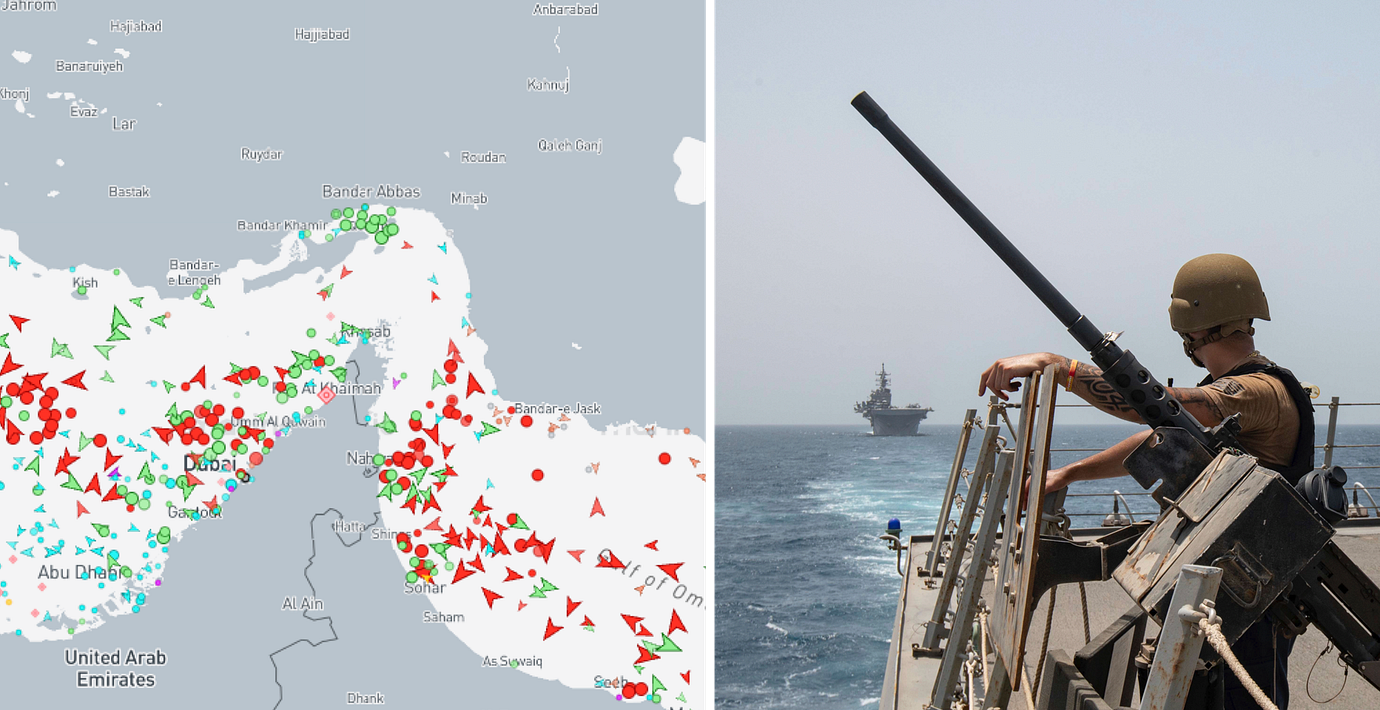 Den marina trafiken genom Hormuzsundet, och en amerikansk soldat i sundet år 2023.
