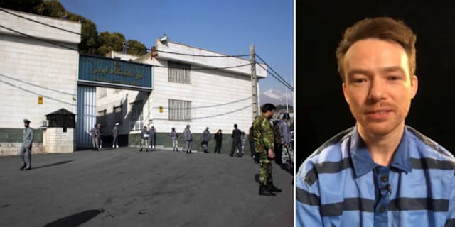 Familjens bild från videosamtalet med Johan Floderus och bild av fängelset där han hålls fången. Wikimedia/FreeJohanFloderus.com