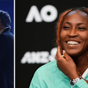 En scen ur ”Heated rivalry” till vänster och tennisstjärnan Coco Gauff till höger. Gauff beskriver sig själv som seriens största fan. 