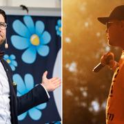 Jimmie Åkesson, Sebbe Staxx under en Kartellenkonsert. Arkivbilder.