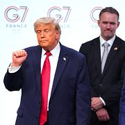 President Donald Trump, med handelsrepresentanten Jamieson Greer och utrikesminister Marco Rubio. Arkivbild.
