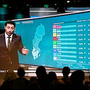 Programledare Fouad Youcefi från SVT:s livesändning visas på storbildsskärm under Centerpartiets valvaka