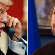 Till vänster: Donald Trump under sin första presidentperiod. Till höger: Volodymyr Zelenskyj vid en pressträff i Kyiv i februari 2025.