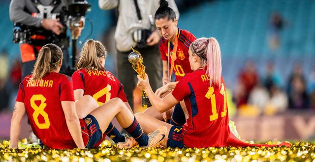 Spanska landslagsspelare efter VM-guldet. MATHIAS BERGELD / BILDBYRÅN