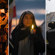 Bilder från protester mot makten i Kina, Iran (bild från USA) och Ryssland. 