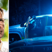 Statsminister Ulf Kristersson (M) och en bild från en insats i Bagarmossen där en tonåring sköts till döds i början av juli.