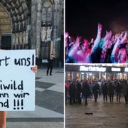 Kvinna i Köln demonsterar med budskapet: ”Respektera oss! Vi är inte lovligt byte ens när vi är nakna”.