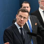 Statsminister Ulf Kristersson (M), näringsminister Ebba Busch (KD) och arbetsmarknads- och integrationsminister Johan Pehrson (L) samt Sverigedemokraternas partiledare Jimmie Åkesson (SD) under pressträff om vårändringsbudgeten. 