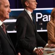 Stefan Löfven (S), Per Bolund (MP), Annie Lööf (C) och Nyamko Sabuni (L) stod på samma sida i partiledardebatten i går.