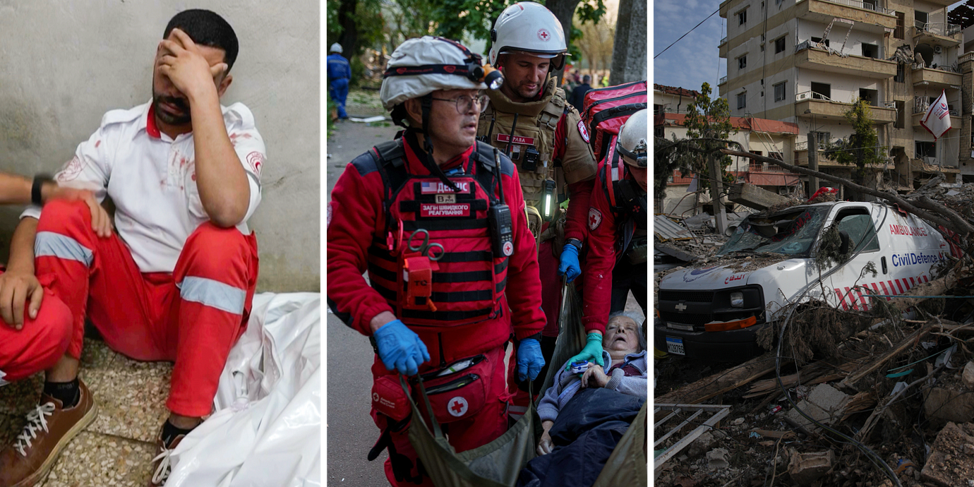 Sjukvårdare i Gaza och i Ukraina. En ambulans som förstörts i Libanon.