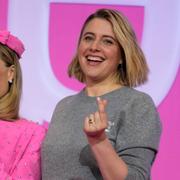 Greta Gerwig (t h) tillsammans med skådespelarna America Ferrera och Margot Robbie på ett pressevent för filmen.