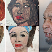 Samuel Little och fyra av hans målningar.