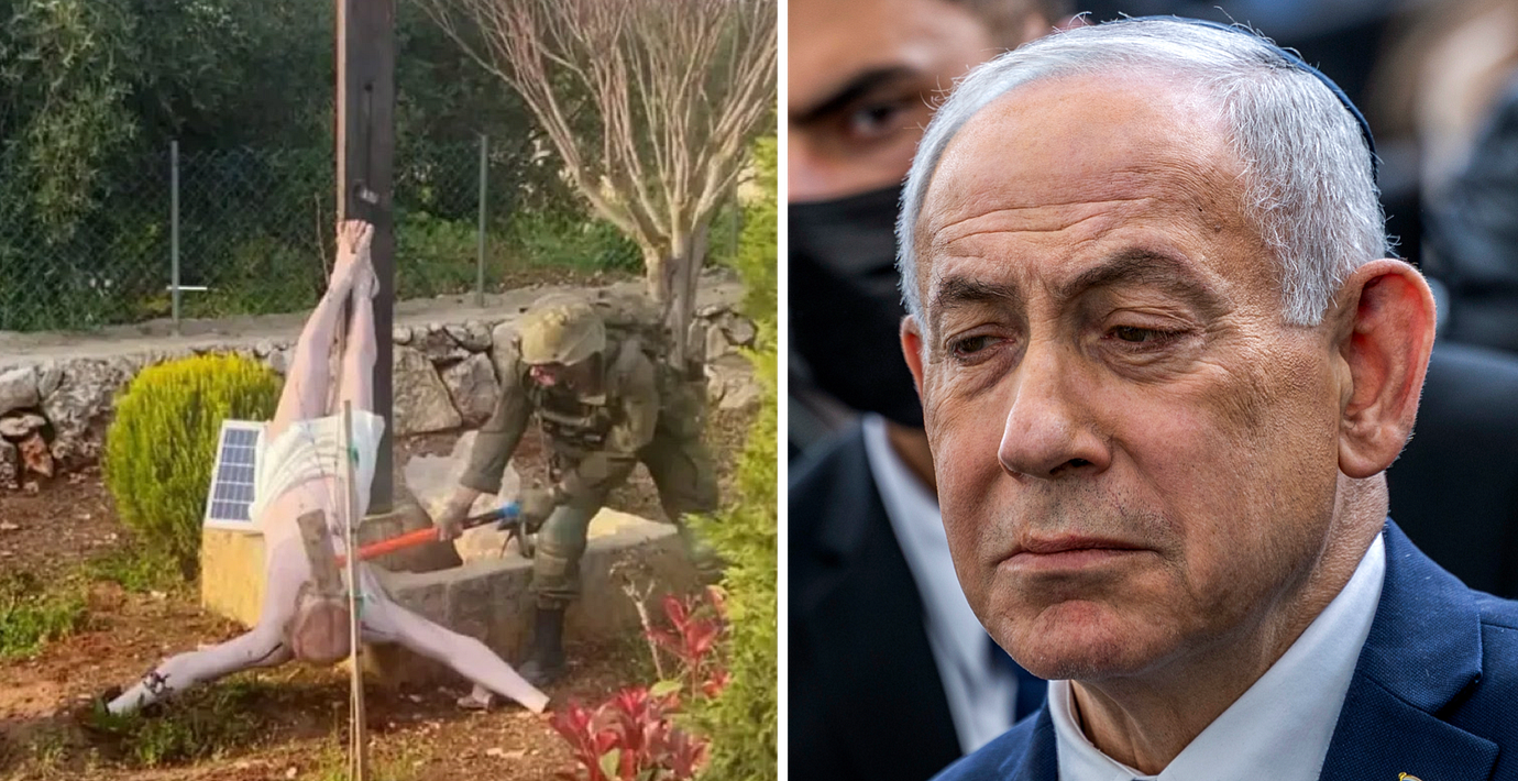 Till vänster syns en bild där en IDF-soldat använder en slägga mot statyn.