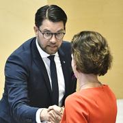SD-ledaren Jimmie Åkesson och M-ledaren Anna Kinberg Batra under dagens partiledardebatt.