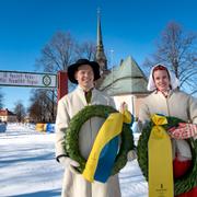 Kranskullan Emelie Brudin och kransmasen Gustaf Berglund vid årets Vasalopp