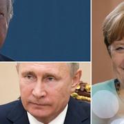 Trump, Putin och Merkel. Arkivbilder.