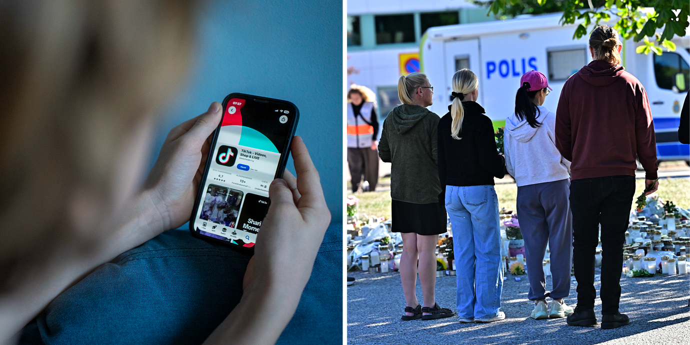 Illustrationsbild: Tiktok. Sörjande vid minnesplatsen intill Brinellskolan i Fagersta.