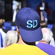 Sverigedemokraternas partiledare Jimmie Åkesson (SD) håller vårtal. Illustrationsbild.